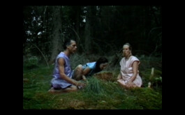 In the movie Afterwater three people crouch in a forest, concentrating on a patch of grass, engaged in an outdoor activity at dusk, surrounded by dense trees. Their costumes are made of a reflective water-repellent fabric, created by Isabelle Lange. ISO LA - Isabelle Lange